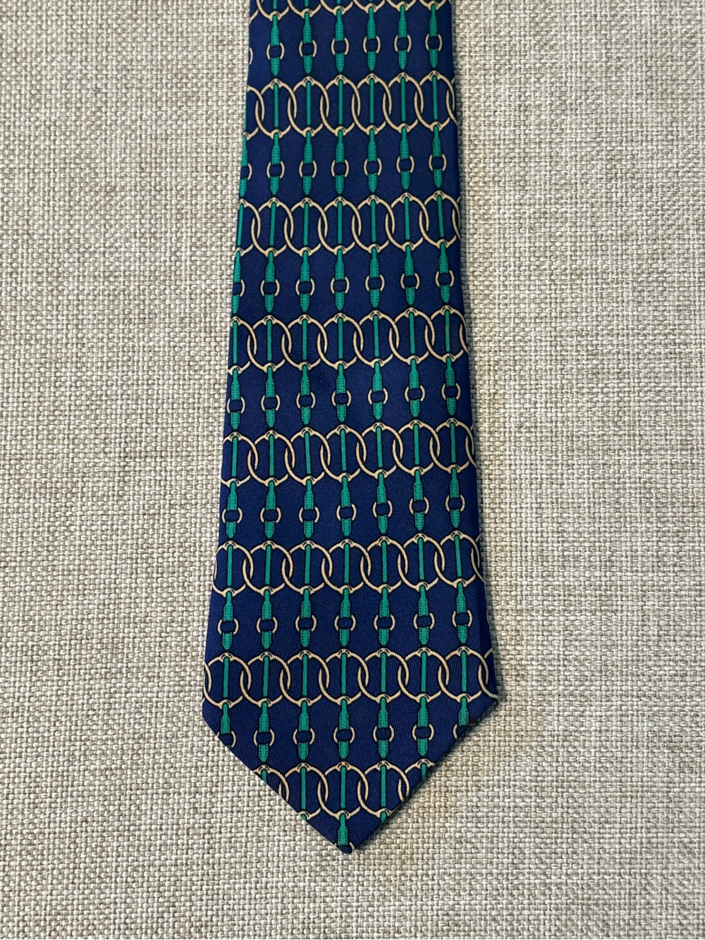 Hermès Paris Silk Tie Navy Green Gold Horse Bit Equestrian France